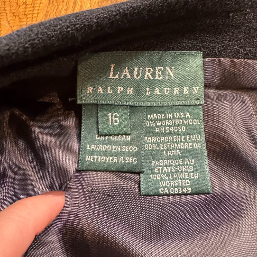 90s Ralph Lauren 100% Lambs Wool Jacket Suit Womens Sz 16 Faux Fur Collar Black - Picture 11 of 12